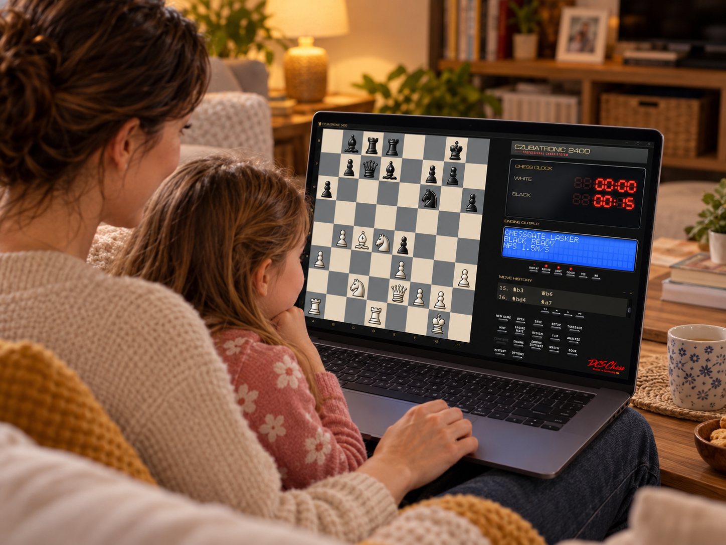 A mother and daughter playing CZUBATRONIC 2400 on a notebook