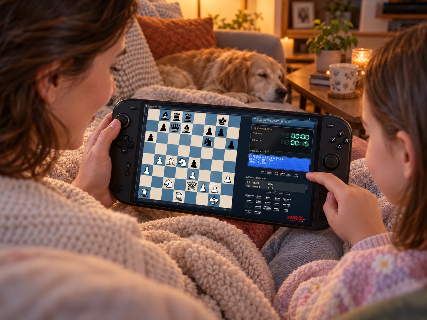 A mother and daughter playing CZUBATRONIC 2400 on a handheld