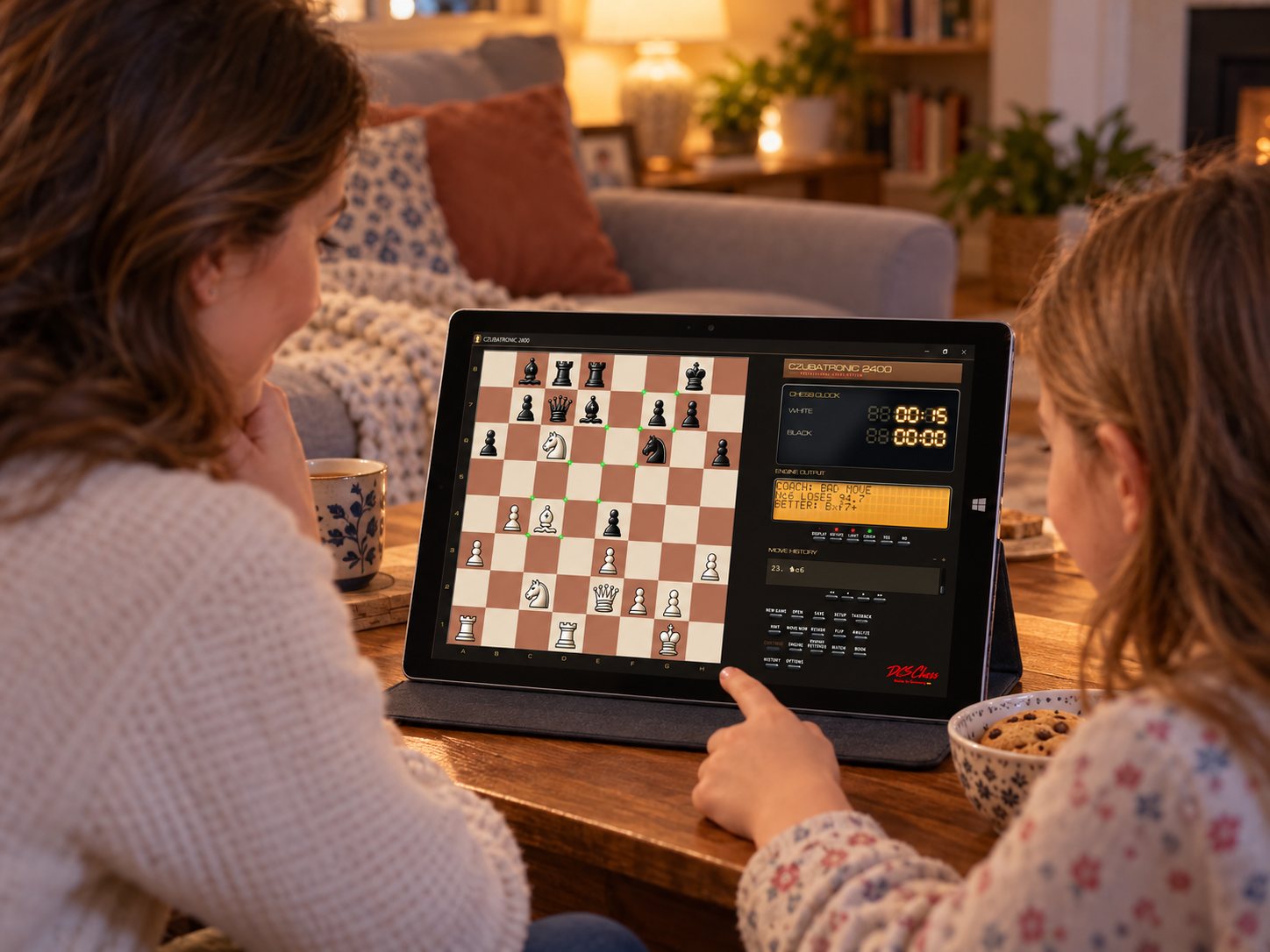 A mother and daughter at a Windows tablet, the coach shows a better move