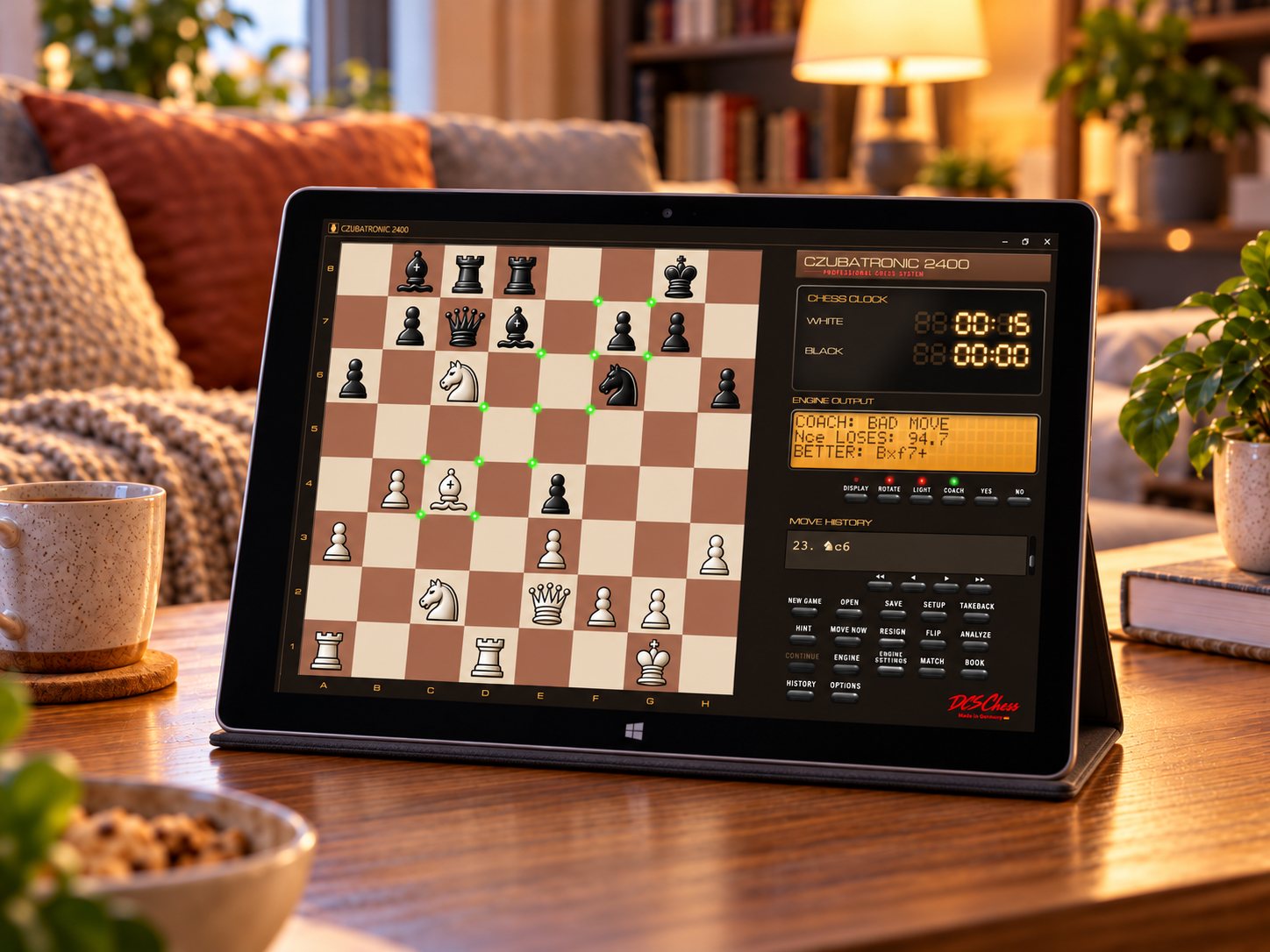 CZUBATRONIC 2400 on a Windows tablet, the coach flags a weak move
