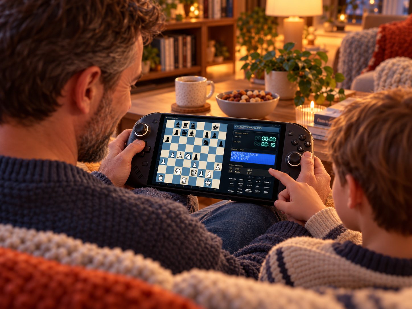 An adult and a child playing CZUBATRONIC 2400 on a handheld