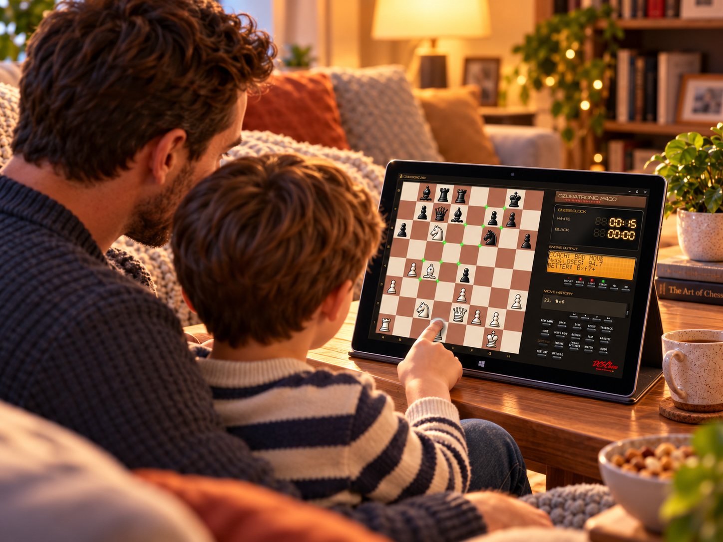 An adult and a child at a Windows tablet, the coach shows a better move