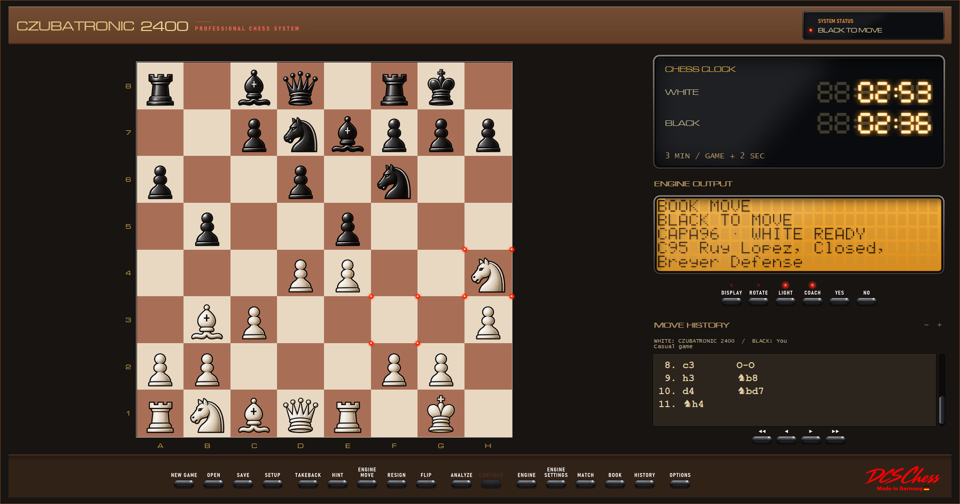 The CZUBATRONIC 2400 console: walnut fascia, board, chess clock, engine display and move history