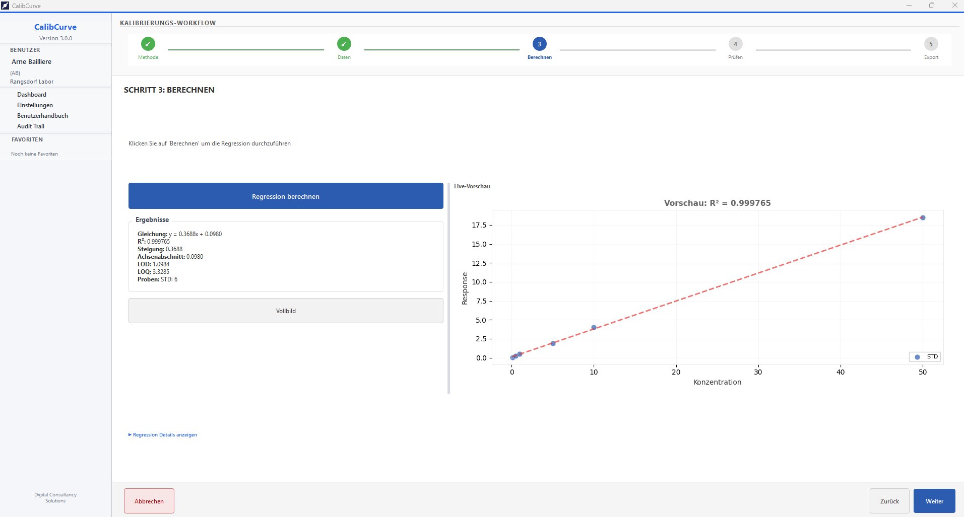 CalibCurve calibration workflow with live regression preview