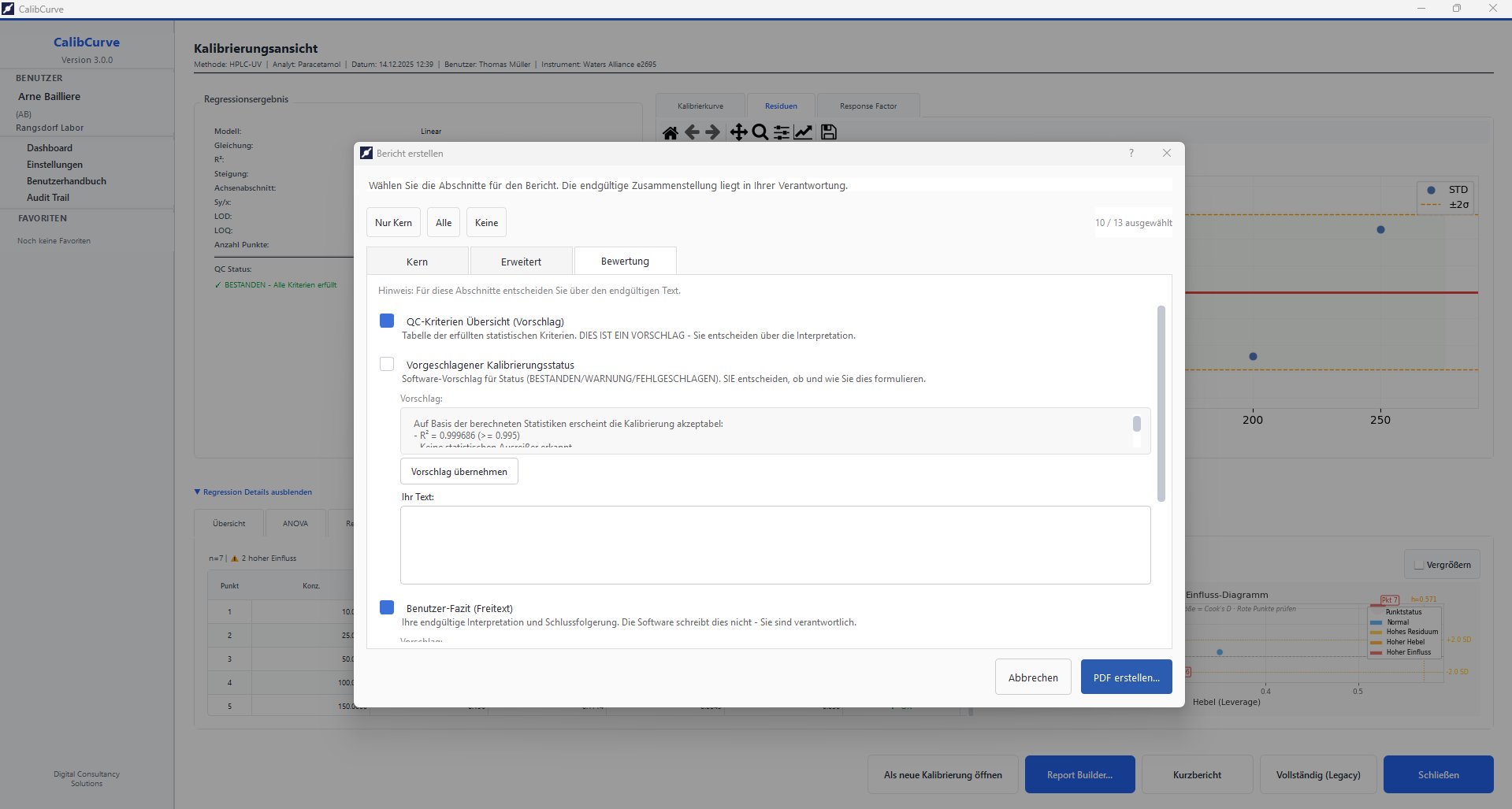 Report builder with section selection and explicit wording that the analyst decides the interpretation