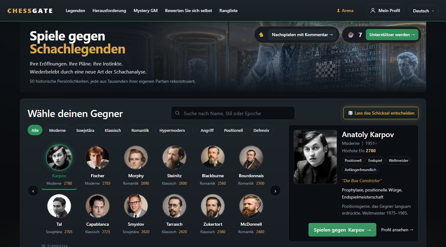 ChessGate im Browser — Gegner unter fünfzig Schachlegenden wählen